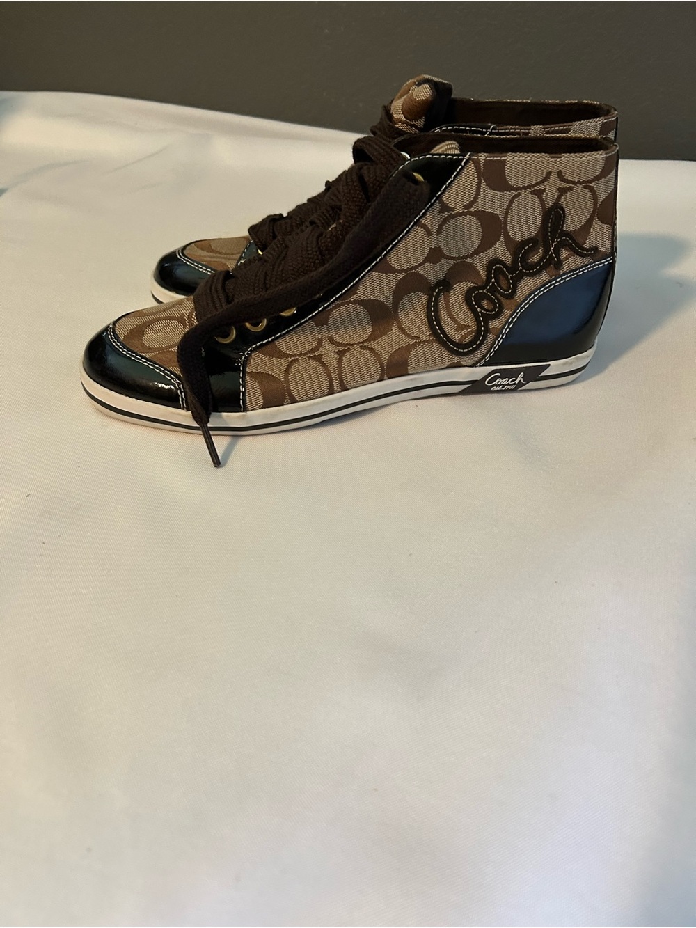 Coach Brown Signature High-Top Sneakers with Black Patent Trim - Picture 2 of 5